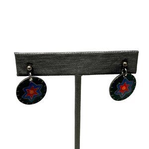 Pierced Earrings Disk and Star‎ Dangle Drop Green Red Blue Enamel